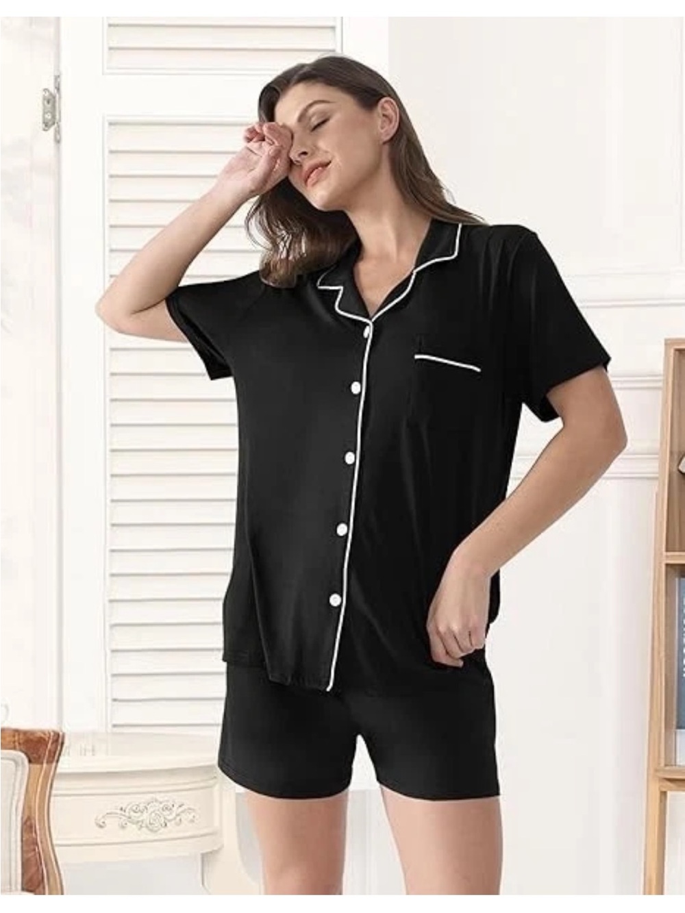 Super Soft Pajamas Set Short Sleeve Button Down Shirt w/ PJ Shorts Set black S - Picture 2 of 11